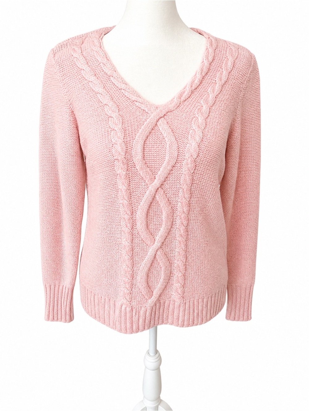 Chaps Cable-Knit V-Neck Sweater in Light Pink